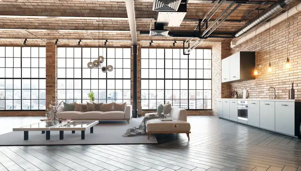 Loft spacieux au décor industriel, grandes fenêtres, murs de briques, canapé moderne et coin cuisine. La lumière naturelle y crée une ambiance chaleureuse et accueillante.