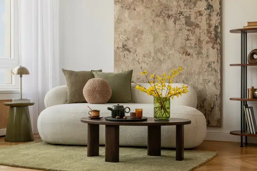 Salon élégant avec un canapé blanc incurvé, des coussins verts et marrons, une table basse en bois foncé et des fleurs jaunes. Les tons neutres créent une atmosphère sereine.