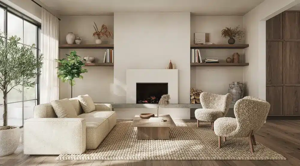 Un salon chaleureux aux tons neutres, avec un canapé moderne, deux fauteuils moelleux, une cheminée et des étagères en bois. Une douce lumière naturelle inonde l'espace grâce à une grande fenêtre.