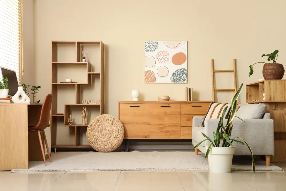 Salon moderne et chaleureux avec meubles en bois, murs beiges et toile à motifs. Un canapé gris, des plantes et des objets décoratifs apportent chaleur et naturel.