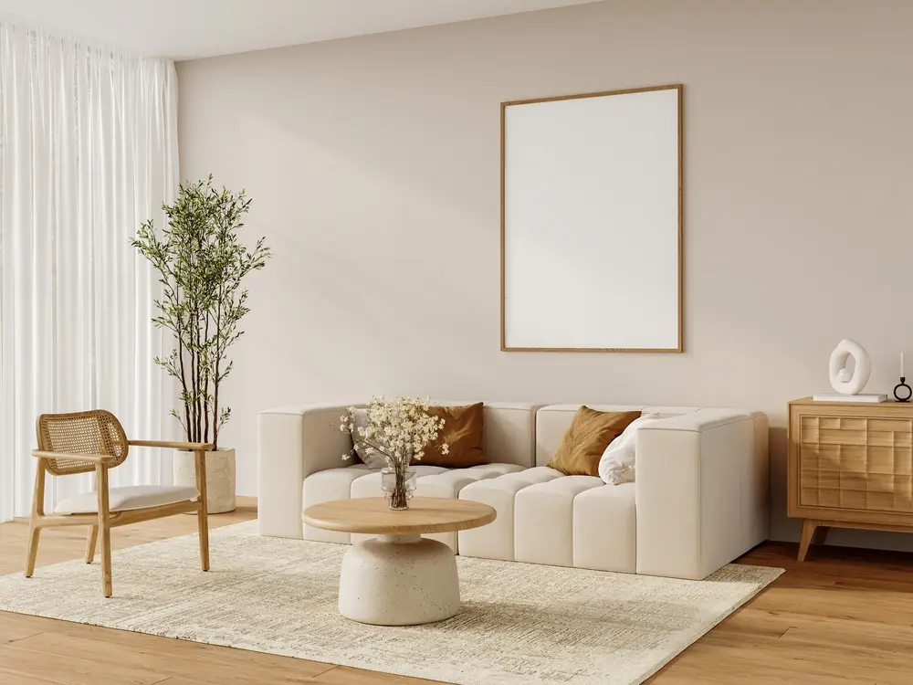 Un salon minimaliste avec un canapé blanc, des coussins marron, une chaise en bois, une petite table basse ronde et une plante en pot. Les tons neutres et l'éclairage doux créent une atmosphère apaisante.