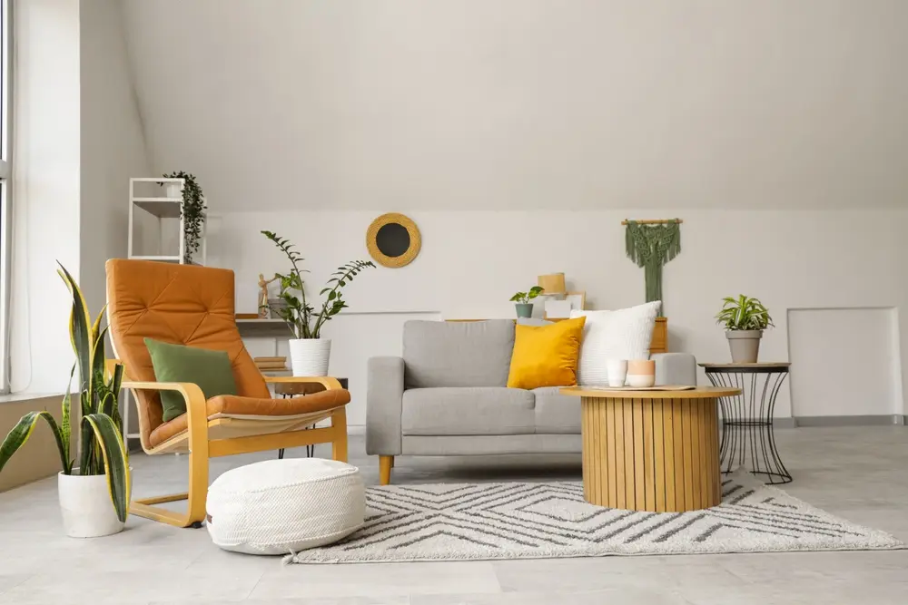 Salon moderne avec un canapé gris, un fauteuil moutarde et des plantes. Une table basse en bois est placée au centre d'un tapis à motifs, créant un espace chaleureux et accueillant.
