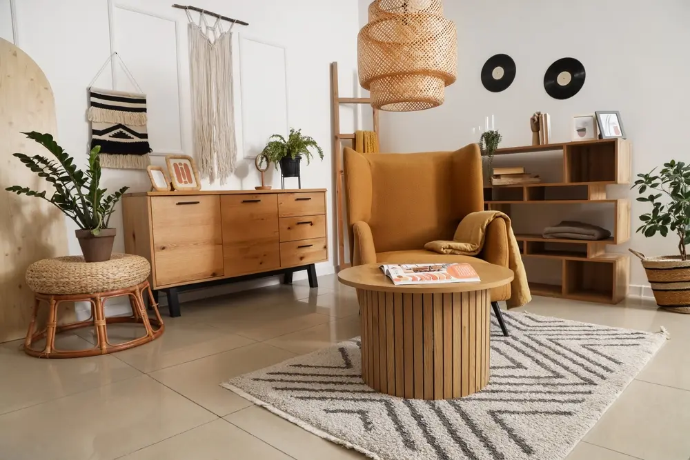 Salon cosy avec un fauteuil moutarde, une table basse en bois sur un tapis à motifs géométriques et des plantes. Décoration bohème avec des tentures murales et des vinyles.