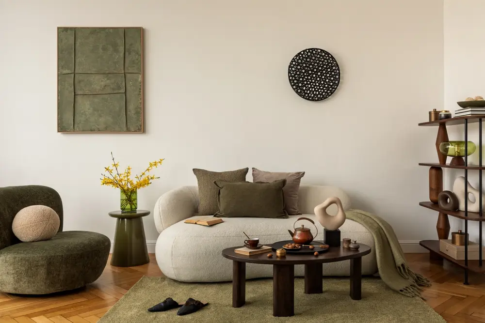 Salon chaleureux avec un canapé beige, des coussins verts et une table basse ronde. Une décoration aux tons naturels, des œuvres d'art abstraites et une étagère texturée créent un espace calme et accueillant.