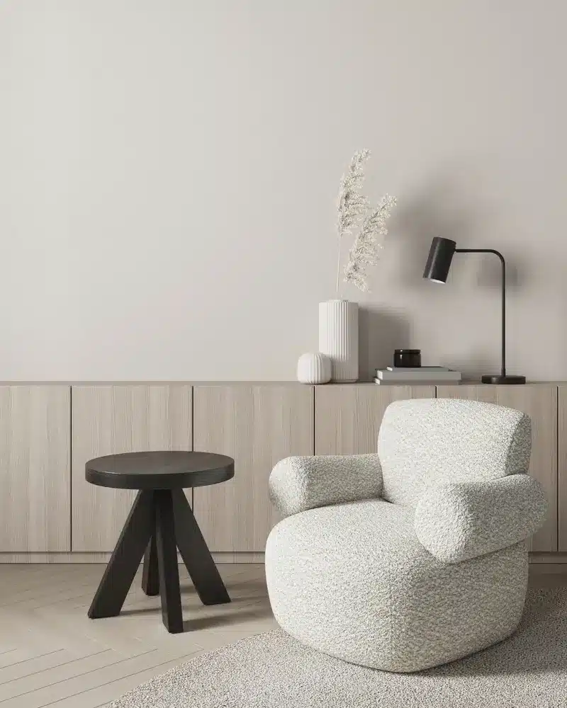 Salon contemporain avec un fauteuil blanc moelleux, une table d'appoint ronde noire et un décor minimaliste comprenant une lampe noire et des vases blancs. Tons neutres.
