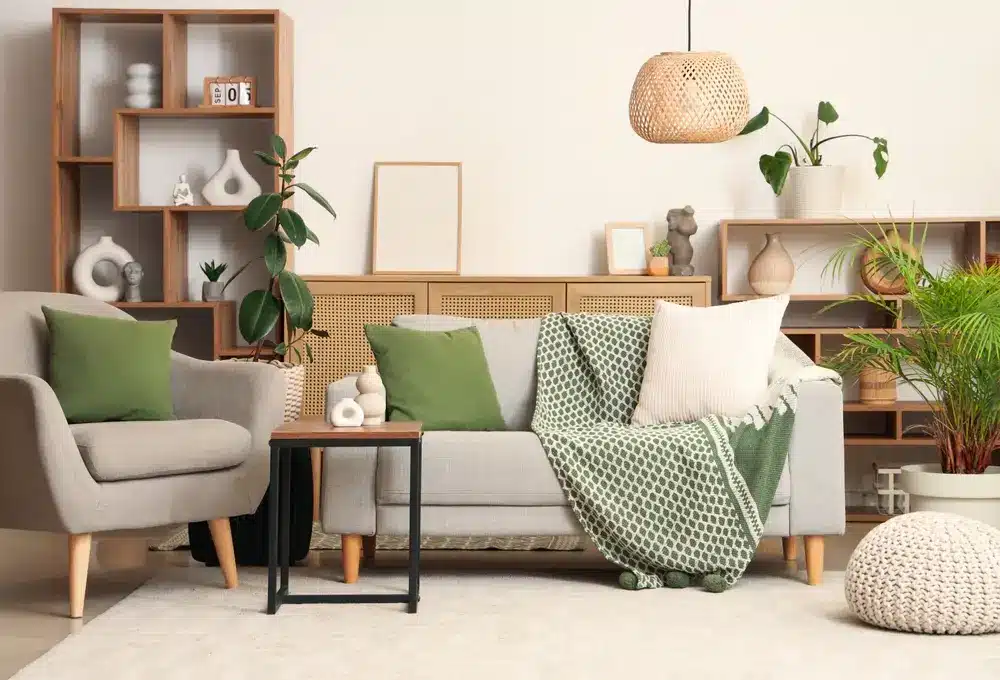 Salon chaleureux aux tons neutres et touches de vert. Un canapé gris orné de coussins verts et d'un plaid en maille est encadré par des étagères modernes et des plantes luxuriantes. Éclairage tamisé.