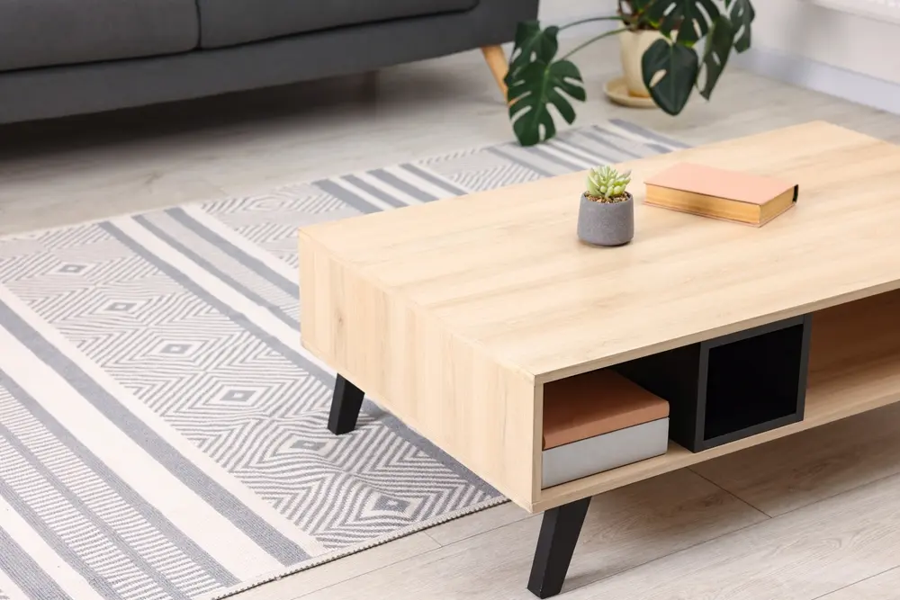 Une table basse en bois clair aux pieds noirs accueille une petite plante en pot et un livre. Elle est posée sur un tapis à motifs près d'un canapé gris, créant ainsi un coin salon moderne et chaleureux.
