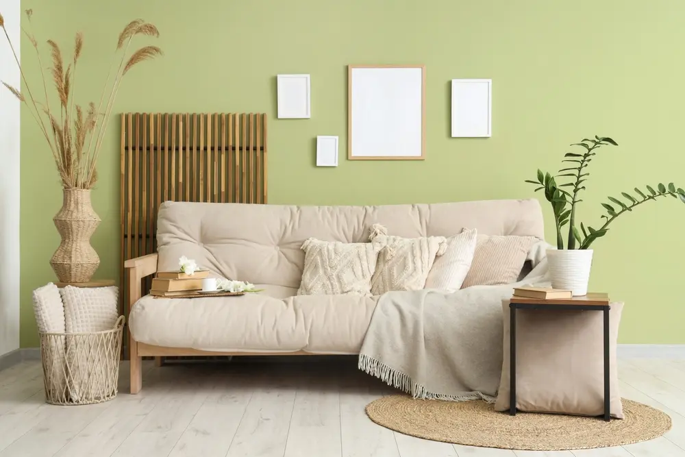 Un salon chaleureux avec un canapé beige, des coussins texturés et un plaid moelleux. Un mur végétal est orné de cadres minimalistes. Plantes et décorations créent une ambiance naturelle et accueillante.